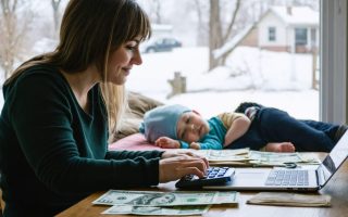 Alberta single mother at a kitchen table using a calculator beside papers and a laptop, with a sleeping toddler on a couch and a snowy neighborhood outside the window, lit by soft natural daylight.