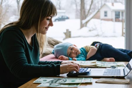 Alberta single mother at a kitchen table using a calculator beside papers and a laptop, with a sleeping toddler on a couch and a snowy neighborhood outside the window, lit by soft natural daylight.