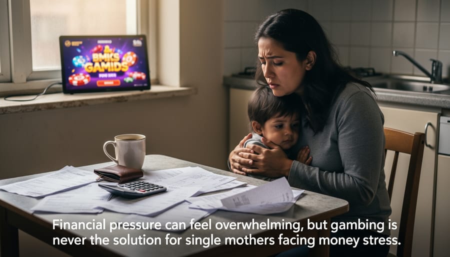 Single mother sitting at kitchen table surrounded by bills looking stressed and worried
