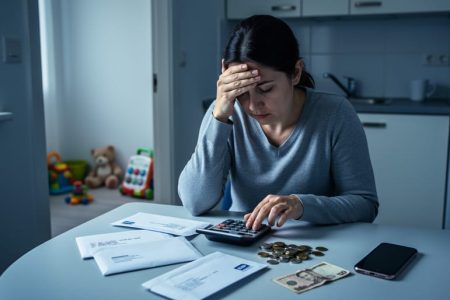 Single mother at a kitchen table with her head in her hand, calculator and unopened bills nearby, phone placed face-down, and children’s toys softly blurred in the background.