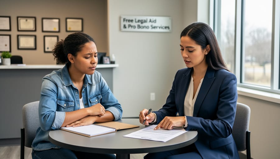 Lawyer providing free legal consultation to single mother in office setting