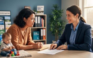 Single mother meeting with a legal aid lawyer at a small clinic table, toddler playing in the background, window-lit room with bookshelves and a plant.