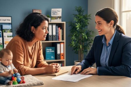 Single mother meeting with a legal aid lawyer at a small clinic table, toddler playing in the background, window-lit room with bookshelves and a plant.