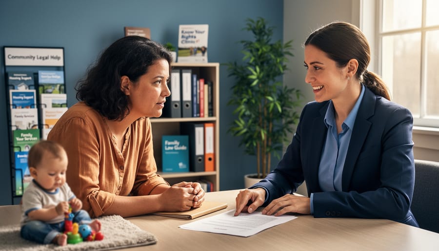 Single mother meeting with a legal aid lawyer at a small clinic table, toddler playing in the background, window-lit room with bookshelves and a plant.