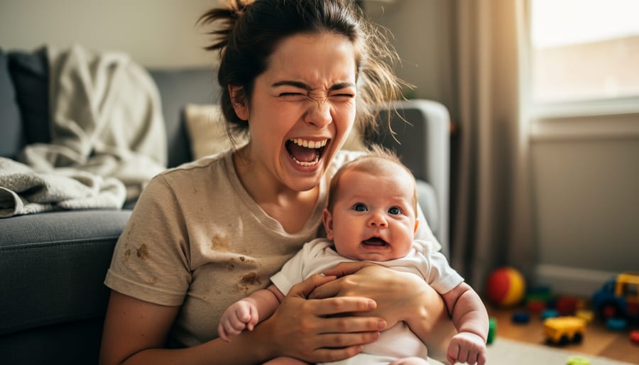 Mother making a scrunchy face while holding her toddler in a living room