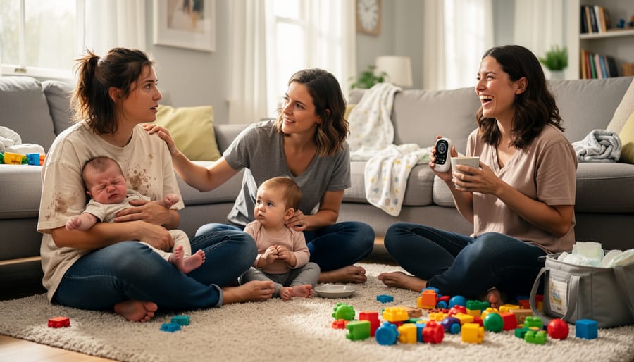 Single mother sitting with other mothers in a community circle, sharing a supportive moment