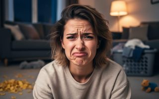 Single mother making an exasperated scrunch face in a softly lit living room, with spilled cereal visible in the blurred background.
