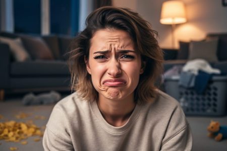 Single mother making an exasperated scrunch face in a softly lit living room, with spilled cereal visible in the blurred background.