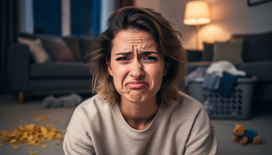 Single mother making an exasperated scrunch face in a softly lit living room, with spilled cereal visible in the blurred background.