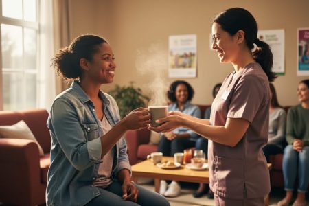 “A single mother receiving a warm drink from a volunteer in a welcoming community room with other mothers chatting nearby.”
