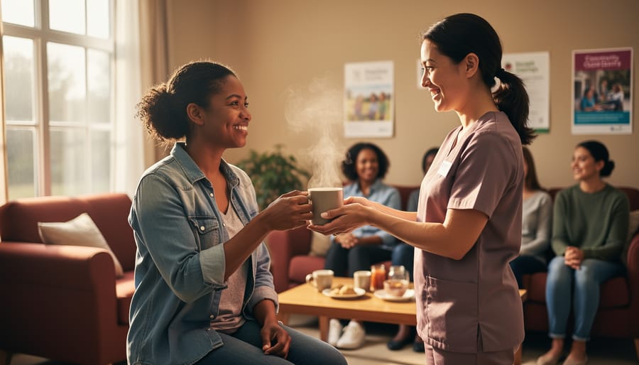 “A single mother receiving a warm drink from a volunteer in a welcoming community room with other mothers chatting nearby.”