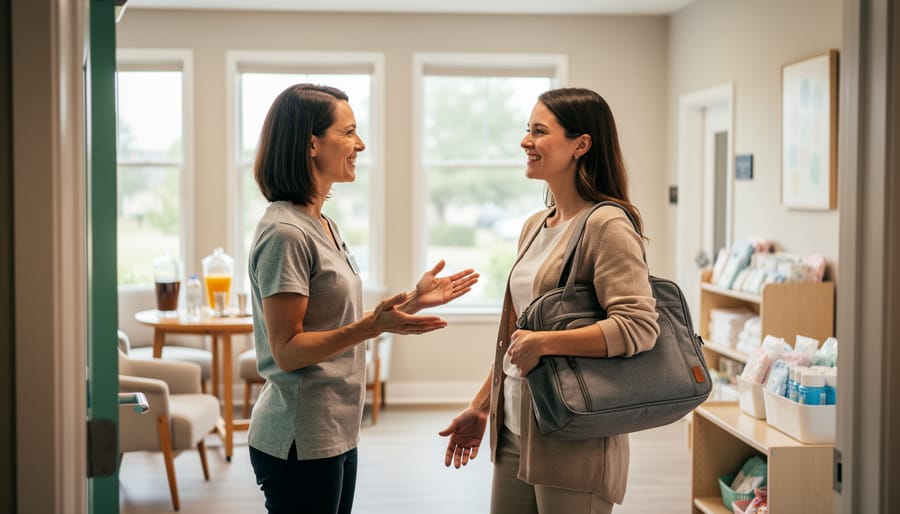 Single mother receiving a warm drink while seated in a welcoming community space with supportive people nearby
