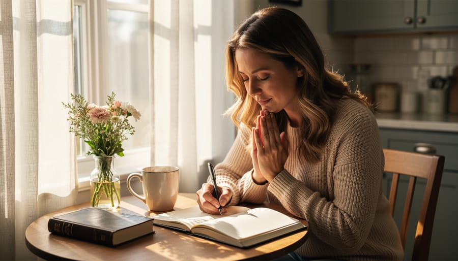 Single mother writing in a journal with an open Bible on the table in warm evening light
