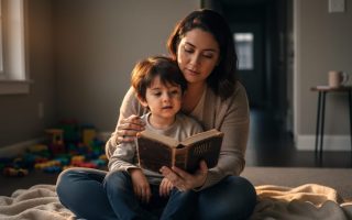 “Single mother sitting with her child at home, holding a Bible and offering comfort and reassurance in a peaceful, faith-filled moment.”