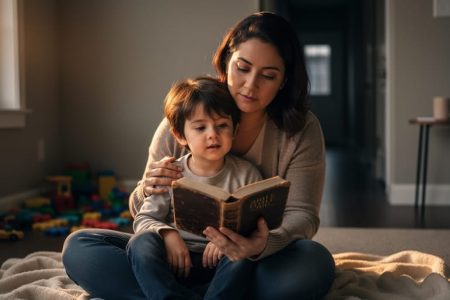 “Single mother sitting with her child at home, holding a Bible and offering comfort and reassurance in a peaceful, faith-filled moment.”
