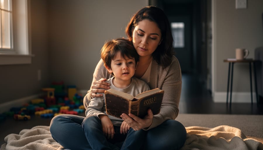 “Single mother sitting with her child at home, holding a Bible and offering comfort and reassurance in a peaceful, faith-filled moment.”